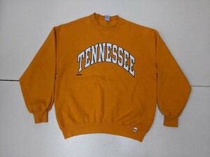 20．USA製 90s RUSSELL デカロゴ TENNESSEE カレッジ プリント 前Vガゼット ヴィンテージ スウェット シャツ ラッセル メンズXL 橙白y705