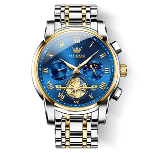 OLEVS メンズ 腕時計 2859 高品質 クオーツ カジュアル スポーツ ビジネス 時計 ステンレス クロノグラフ ウォッチ ゴールド × ブルー