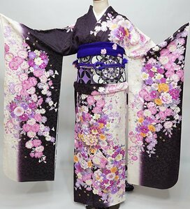 振袖 正絹 着物 単品 仕立て上がり 百花繚乱 ラメ 金駒縫い 牡丹 桜 黒紫 新品（株）安田屋 NO38543