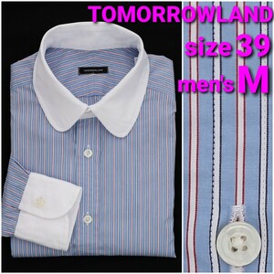 【美品】TOMORROWLAND クレリックシャツ size39 メンズM ラウンドカラー ストライプ