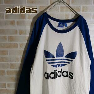 アディダス adidas Tシャツ 長袖 ラグラン ロンT 白 青