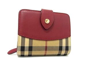 1円 BURBERRY バーバリー ノバチェック キャンバス×レザー 二つ折り 財布 ウォレット 小銭入れ 札入れ レッド系×ベージュ系 FL3545