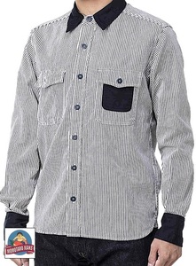 コンビネーションストライプ長袖シャツ◆桃太郎ジーンズ ホワイト42inch(XLサイズ) 42インチ MOMOTARO JEANS 05-307 日本製 国産 ワークシ