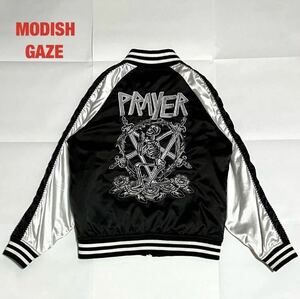 【人気】MODISH GAZE　モディッシュガゼ　スカジャン　スカル　バイカラー　ユニセックス　花　剣　蜘蛛の巣　和柄　刺繍　前後デザイン