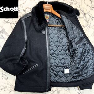 極美品/B-6 40(XL) ●Schott ショット メルトン ボンバー フライト ジャケット 山羊革 レザー ブラック 黒 ボア キルティング パイピング