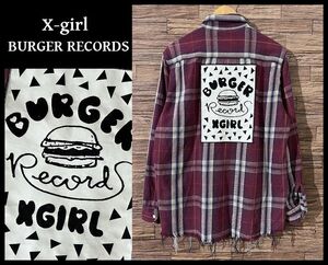 送無 NR13 G② X-girl エックスガール × BURGER RECORDS バーガー レコーズ コラボ 古着 リメイク 一点モノ バック ワッペン ネルシャツ