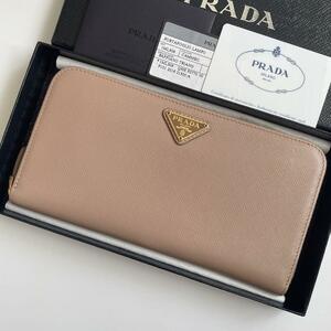 【極美品★付属品完備】PRADA プラダ 長財布 三角ロゴ トライアングル サフィアーノレザー ゴールド金具 ベージュ CAMMEO 1ML506