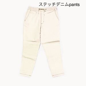 ●新品●メンズステッチテーバード デニムパンツ、アイボリー/こげ茶色ステッチ、サイズ Ｍ　コットン100%PANTS