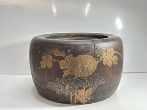 ● 桐火鉢 金蒔絵 花 蝶 内銅 木製 手あぶり 古道具 囲炉裏 古民家 日本家屋 古銅 茶道具 煎茶道具 骨董 アンティーク YK969