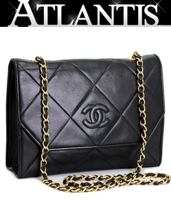 シャネル CHANEL マトラッセ ヴィンテージ チェーンショルダーバッグ ラム 黒 G金具 1番台 【65181】