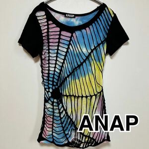 K■ ANAP アナップ レディース Tシャツ フリー 黒×カラフル タイダイ スパイダー 蜘蛛の巣 ティーンズファション 個性派 カジュアル 