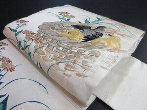 1円 中古 正絹 名古屋帯 和装 和服 アンティーク 絽 日本刺繍 小鳥 雛 鳥 お太鼓柄 九寸帯 長さ372cm【夢職】★★★