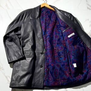 極美品/XXL相当●LANVIN ランバン【ラムレザー 裏地ペイズリー柄】テーラードジャケット レザージャケット 総柄 羊革 本革 ダークブラウン