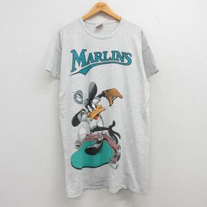 古着 半袖 ビンテージ Tシャツ ワンピース レディース 90s ルーニーテューンズ ダフィーダック MLB マイアミマリーンズ 大きいサイズ