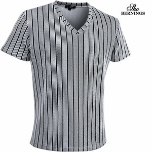 303922-01 Bernings sho Tシャツ Vネック オルタネートストライプ柄 メンズ シンプル 半袖 (ホワイト白ブラック黒) M カットソー トップス