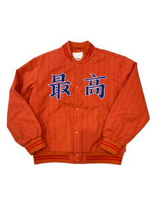 19ss SUPREME Pinstripe Varsity Jacket シュプリーム 最高 ピンストライプ スタジャン オレンジ L ジャケット ブルゾン