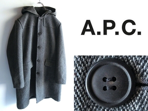 希少 90sビンテージ フランス製 A.P.C. アーペーセー 裏地付 ウール ヘリンボーンツイード ロング フードコート 3 グレー アーカイブ HIVER