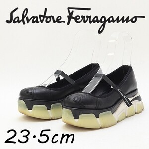 ◆Salvatore Ferragamo サルヴァトーレ フェラガモ レザー ガンチーニパンチング 厚底 プラットフォーム パンプス 黒 ブラック 6