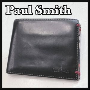 ☆PaulSmith☆ ポールスミス 二つ折り財布 財布 ウォレット ブラック 黒 レザー 本革 シンプル ロゴ 刺繍 プリント メンズ 男性 送料無料