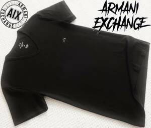 新品★アルマーニ★セクシーな ブラック Tシャツ★Vネック★ホワイト ロゴプリント★快適な ストレッチ 黒 XL★ARMANI☆317