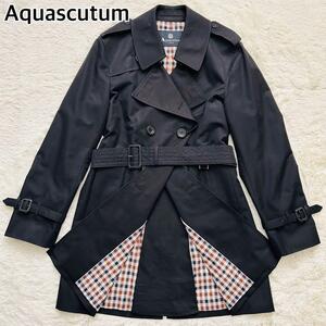 【美品　現行タグ】Aquascutum アクアスキュータム トレンチコート ベルト　ミドル丈 ブラック 裏地チェック　黒 Mサイズ