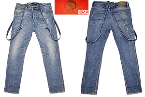 K-4265★美品★DIESEL ディーゼル EAZEE-WORK★正規品 ヴィンテージ加工 デニム ストレッチ素材 サスペンダー スキニー ジーンズ W-24