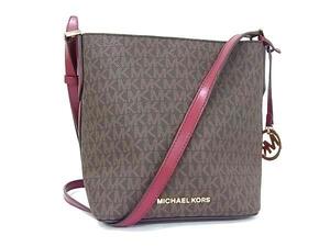 1円 ■新品同様■ MICHAEL KORS マイケルコース MK柄 PVC×レザー クロスボディ ショルダーバッグ 斜め掛け レディース ブラウン系 FJ3293