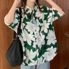 【セール】シャツ 柄シャツ 半袖 花柄 グリーン 韓国 2XL レディース