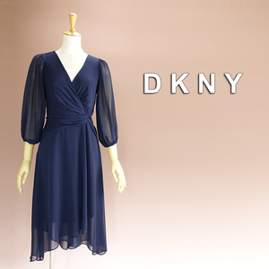 新品 DKNY 14W/21号 ダナキャラン 紺 シフォン ワンピース パーティドレス 長袖 大きいサイズ 結婚式 二次会 フォーマル 発表会 葵39C0406