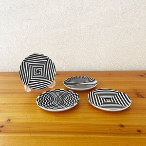 ◎ ジョナサンアドラー JONATHAN ADLER 陶製コースター 4枚セット 幾何学模様 Φ10cm 箱付 アメリカ 廃番