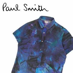 極美品 芸術的逸品 最高傑作 Paul Smith アート 総柄 ボタンダウン 半袖シャツ ドレスシャツ メンズM ポールスミス 日本製 2406237