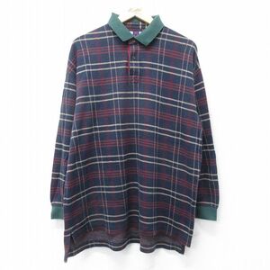 XL/古着 長袖 ポロ シャツ メンズ 大きいサイズ コットン 濃紺他 ネイビー チェック 24feb24 中古 トップス