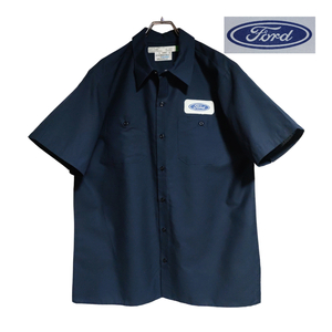 USA製 worklassics 半袖ワークシャツ size L ネイビー ゆうパケットポスト可 胸 ワッペン Ford 古着 洗濯 プレス済 h15