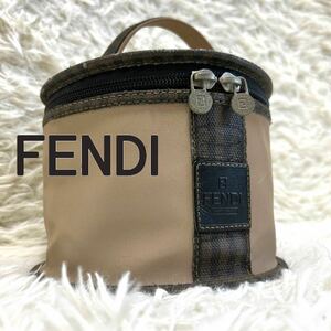 1円【入手困難】FENDI フェンディ バニティ 円筒形 ハンドバッグ ボックス ペカン ヴィンテージ グレージュ レザーロゴ ポーチ 化粧箱