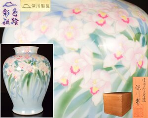 X669 【泉美】宮内庁御用達 深川製磁 色絵彩磁 胡蝶蘭 花瓶 花入 花生 花器 共箱入