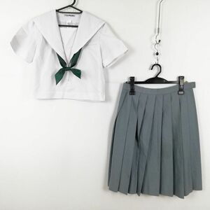 1円 セーラー服 スカート スカーフ 上下3点セット 夏物 白2本線 女子 学生服 中学 高校 白 制服 中古 ランクC EY2612