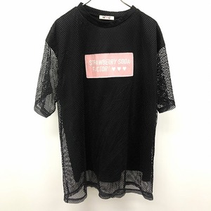 ブラウニー WC BROWNY メッシュTシャツ パネルカットソー 英字ワッペン 半袖 ポリ100%(裏地：ポリ×綿) F ブラック×ピンク 黒 レディース