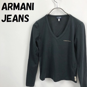 【人気】ARMANI JEANS/アルマーニジーンズ 長袖 Vネック Tシャツ ブラック ゴールド サイドXS レディース/S2559