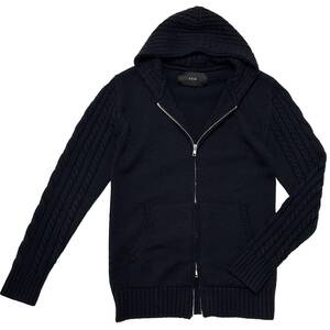 定価6.8万 AKM ZEGNA BARUFFA CASHWOOL CABLE ZIP HOODED CARDIGAN サイズL 紺 ジップニットパーカー カーディガン wjk 1piuジュンハシモト