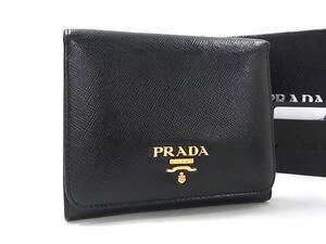 1円 ■美品■ PRADA プラダ 1M0176 サフィアーノレザー 三つ折り 財布 ウォレット 札入れ 小銭入れ メンズ レディース ブラック系 BM5146