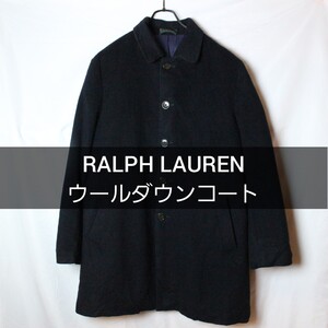 LAUREN RALPH LAUREN ステンカラーコート ブラック 40R ウール ダウン ダウンコートラルフローレン 黒 コート ミドル丈 古着 アメカジ 