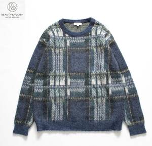 【 BEAUTY&YOUTH ユナイテッドアローズ 】ロイヤル タータンチェック シャギー ニット セーター S 12131053482 定価\15,400 クルーネック