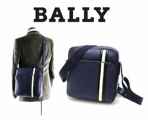 27万新品◆BALLY◆バリーストライプ レザークロスボディメッセンジャーバッグ 『SOREL』紺青 1円