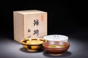 【善古堂】某有名オークション買入 時代物 施釉陶 鉢揃 和食器 共箱 三客 骨董品 古美術0925-109S01　