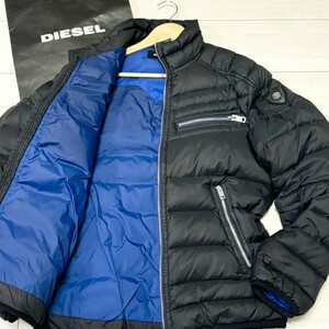 未使用級/L相当●DIESEL ディーゼル 極暖 ダウンジャケット ライダース ブルゾン 軽量 ブラック×ブルー ブレイブマン レザーパッチ 黒 青