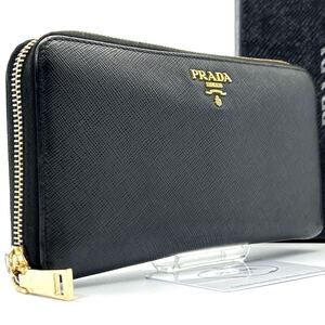 現行◆PRADA プラダ 長財布 ロングウォレット サフィアーノレザー ラウンドファスナー ゴールドロゴ 金ロゴ ブラック 黒 メンズ レディース