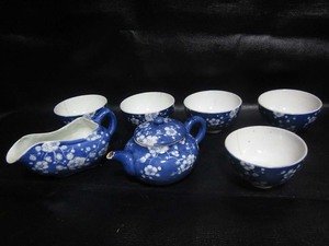 ★☆茶器 染付 急須＋湯さまし＋湯呑×5客 ヒビ・カケあり 中古品☆★