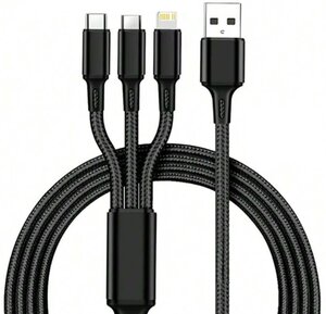 【送料無料！】充電ケーブル 3in1 1.2m 3 in 1 高耐久 Type C Micro USB 3台同時充電 iPhone Android タイプC 各種対応　充電器 ブラック