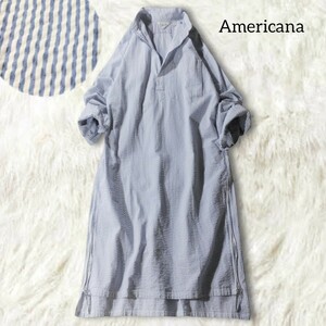 47 【Americana】 アメリカーナ ストライプ シャツワンピース ロングワンピース ゆったり ネイビー ホワイト 長袖 裾ジップ 日本製 