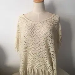 ●古着 used● 美品 かぎ針 薄手 フリンジ ポンチョ Tops ベージュ